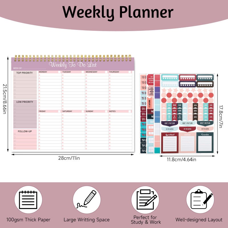 مفكرة قائمة المهام الأسبوعية، مقاس 8.5 × 11 بوصة، مخطط مكتبي أسبوعي مع 52 ورقة قابلة للتمزيق، مخطط أسبوعي غير مؤرخ، متتبع للعادات ومنظم للإنتاجية للمنزل والمدرسة والعمل، لون أرجواني فاتح - Image 2